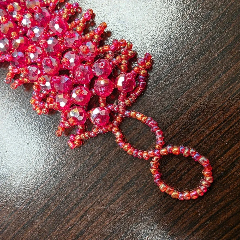 Handmade Magenta Red Beaded Cuff Bracelet Faceted Glass Seed Bead Statement 7.5